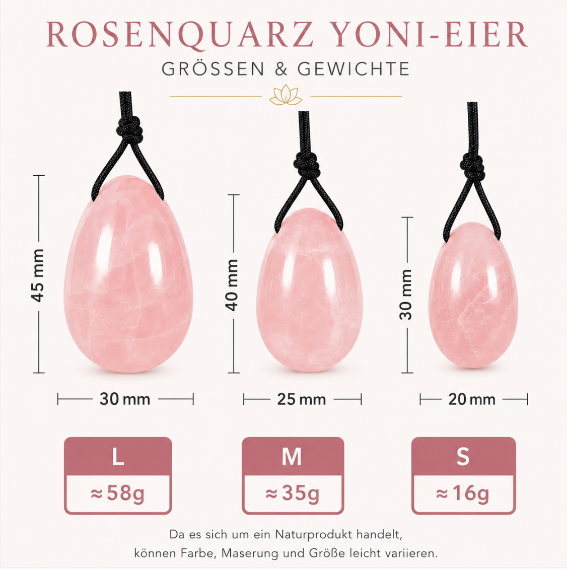 Rosenquarz Yoni-Eier Größen S, M und L mit Maßangaben