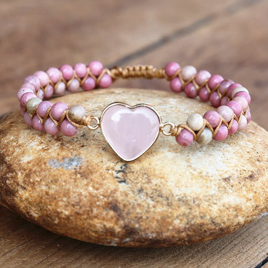 BEDINGUNGSLOSE LIEBE Armband mit Rosenquarz-Herz und Rhodonit