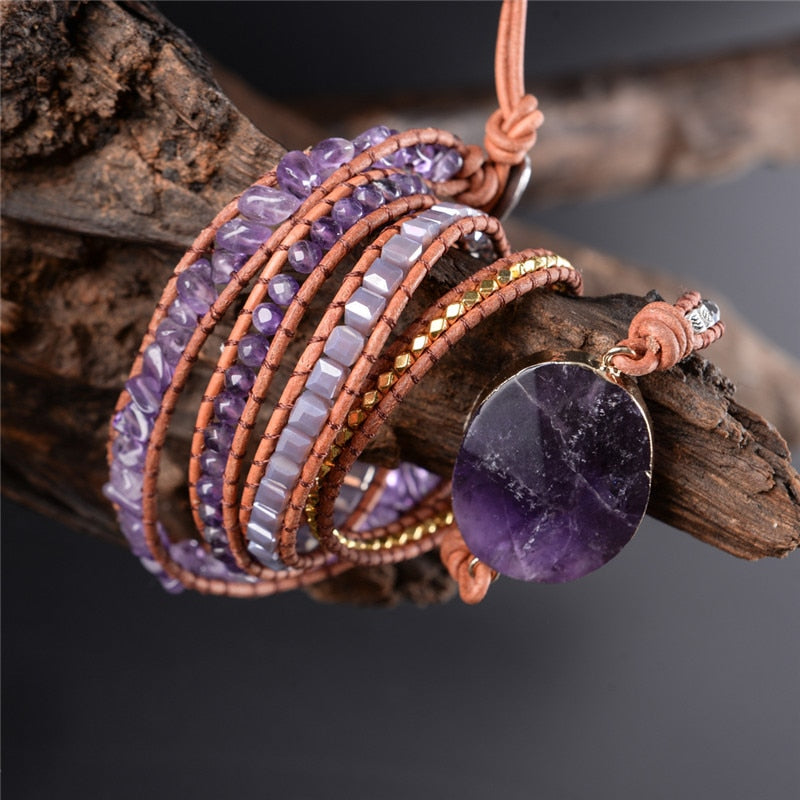 Amethyst-Wickelarmband mit braunem Band