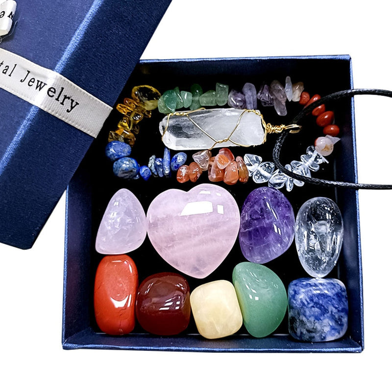 CHAKRA BOX - Set für Meditation mit Steinen, Armband und Kristall-Anhänger - Juwelanda