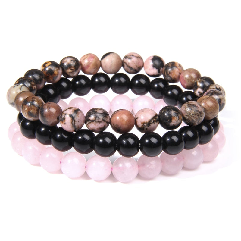 Dreifach-Armband "Vertrauen in die Liebe" aus Rosenquarz, Rhodonit und Onyx - Juwelanda