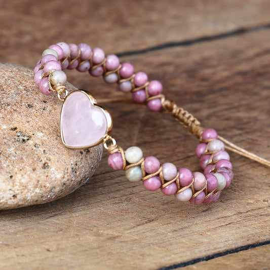 Verstellbares Makramee-Armband aus Rosenquarz und Rhodonit