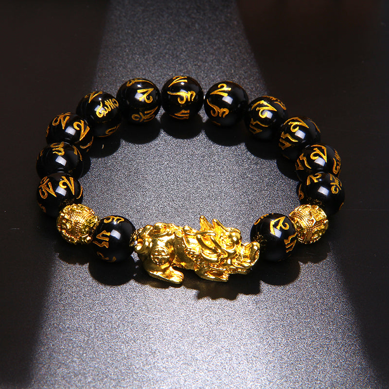 WOHLSTAND Armband aus schwarzem Achat mit goldfarbenem Pixiu
