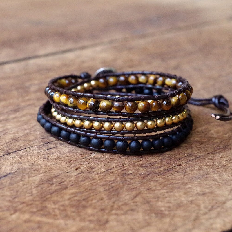 SELBSTVERTRAUEN Wickelarmband Tigerauge und Onyx - Juwelanda