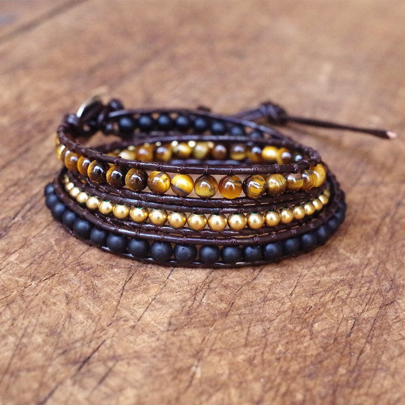 SELBSTVERTRAUEN Wickelarmband Tigerauge und Onyx - Juwelanda