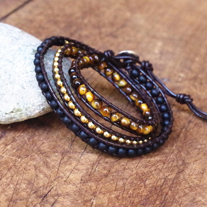 SELBSTVERTRAUEN Wickelarmband Tigerauge und Onyx - Juwelanda