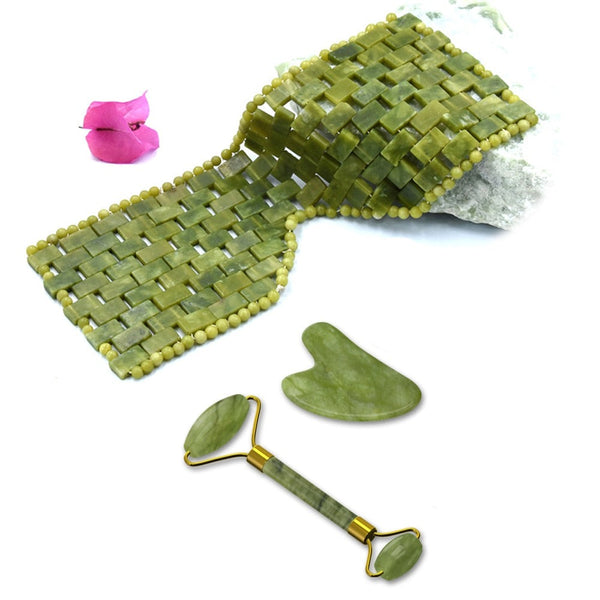 3 in 1 JADE Gesichtspflege SET - AUGENMASKE, ROLLER und GUA SHA - 100% Natursteine - Juwelanda