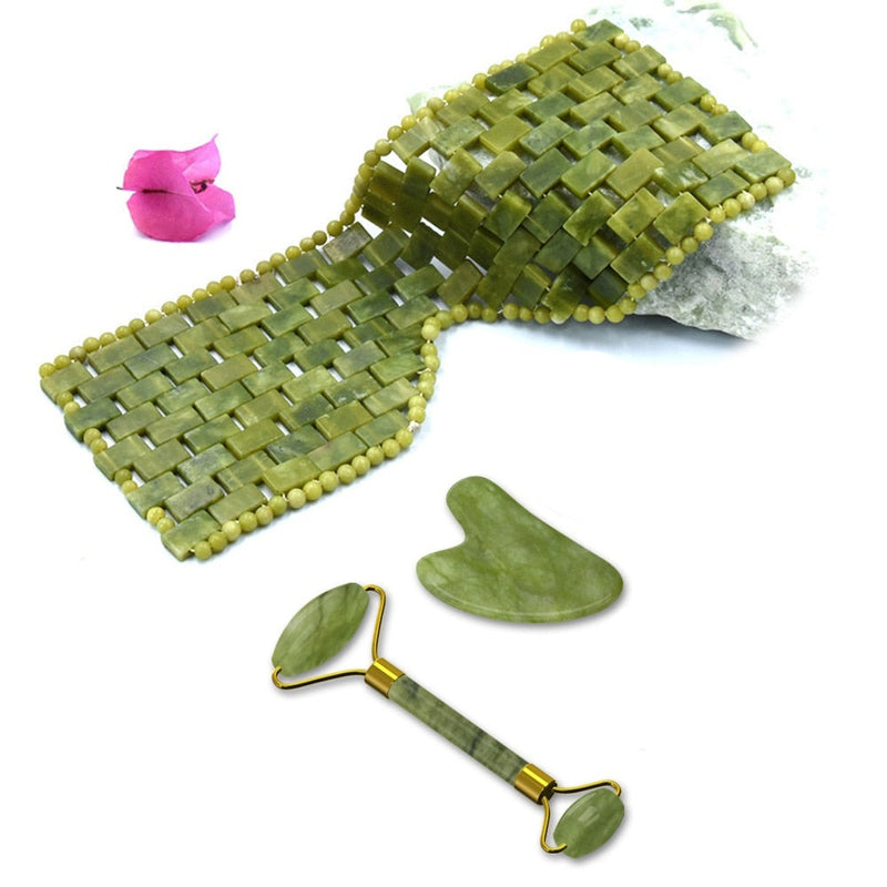 3 in 1 JADE Gesichtspflege SET - AUGENMASKE, ROLLER und GUA SHA - 100% Natursteine - Juwelanda
