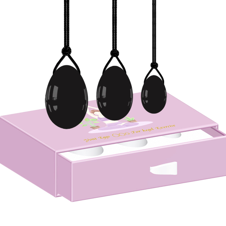 Obsidian Yoni-Eier in drei Größen mit Rückholbändchen und Geschenkbox